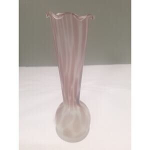 Vintage Pink/Purple Satin Art Glass Bud Vase Ruffled Rim Feather Swirl 8"